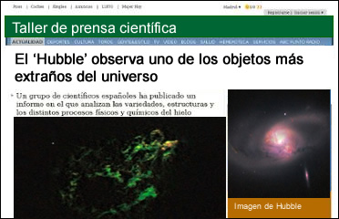 Portada de periódico con título de artículo a imágenes del telescopio Hubble (galaxia y nube color verde)